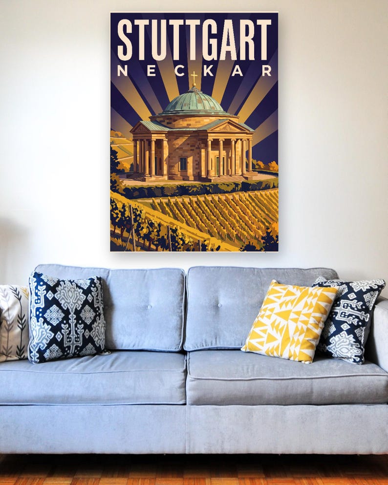 Stuttgart Poster · Art déco · Neckar · Retro Reiseplakat Schlossplatz, Fernsehturm, Grabkapelle & Schillerplatz Bild 8