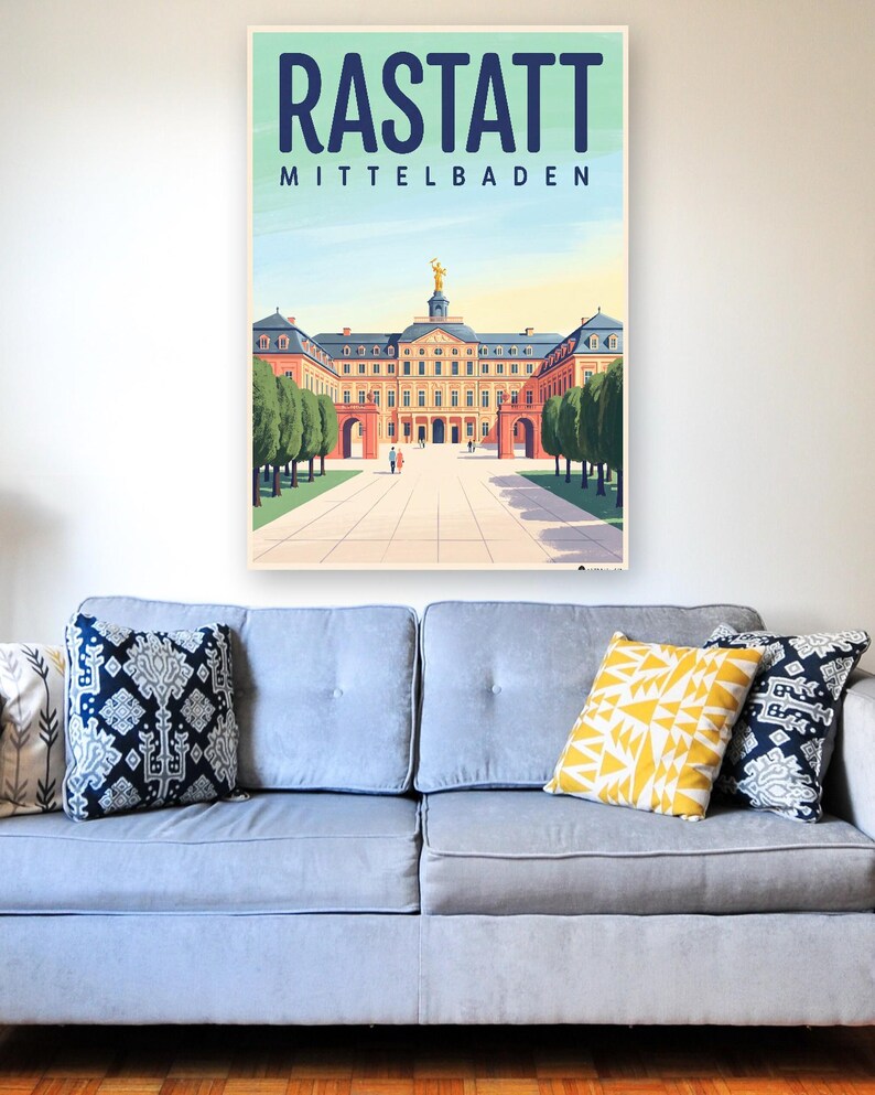 Rastatt Poster · Mid-Century · Mittelbaden · Retro Reiseplakat Schloss & Murg afbeelding 4