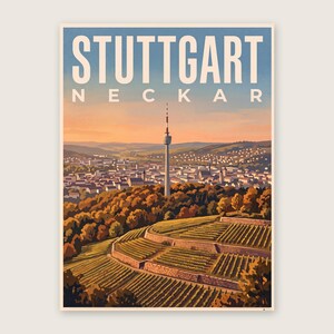 Stuttgart Poster · Malerisch · Neckar · Retro Reiseplakat Schlossplatz, Fernsehturm, Grabkapelle & Schillerplatz Fernsehturm