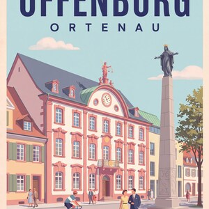 Offenburg Poster · Mid-Century · Ortenau · Retro Reiseplakat Marktplatz & Kinzig Marktplatz