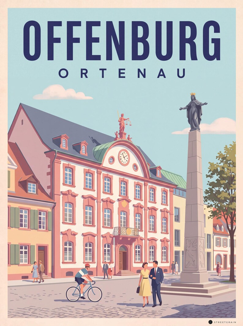 Offenburg Poster · Mid-Century · Ortenau · Retro Reiseplakat Marktplatz & Kinzig Marktplatz