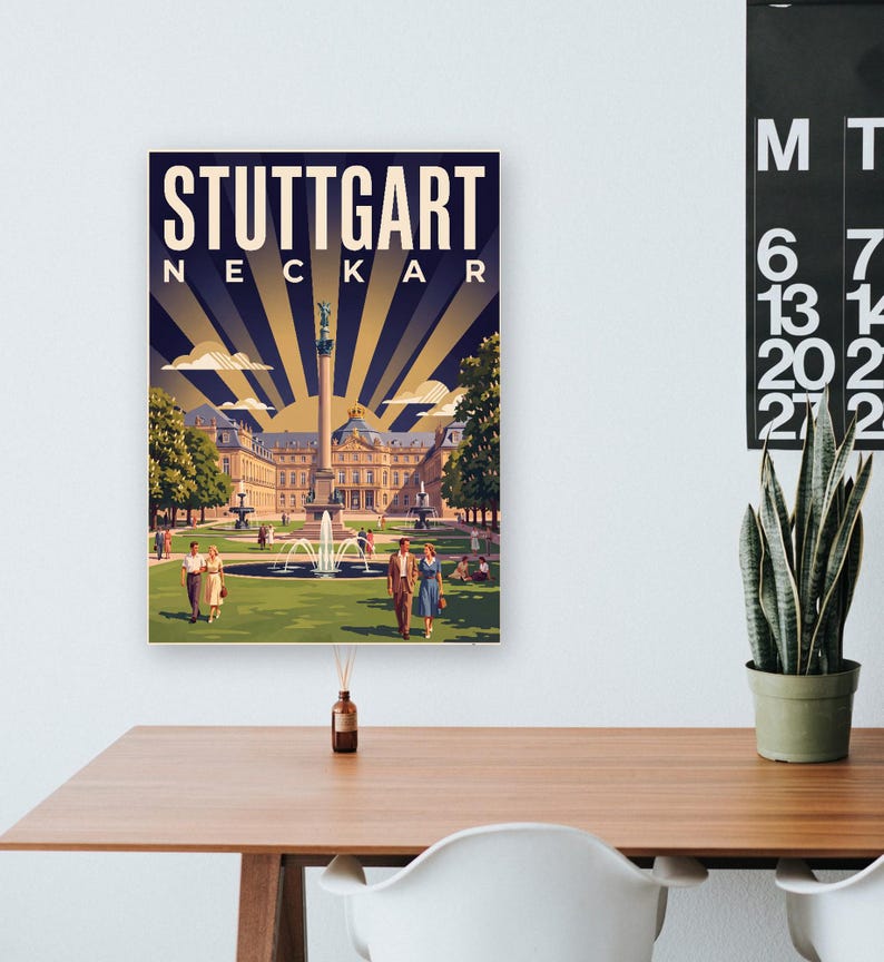 Stuttgart Poster · Art déco · Neckar · Retro Reiseplakat Schlossplatz, Fernsehturm, Grabkapelle & Schillerplatz Bild 14