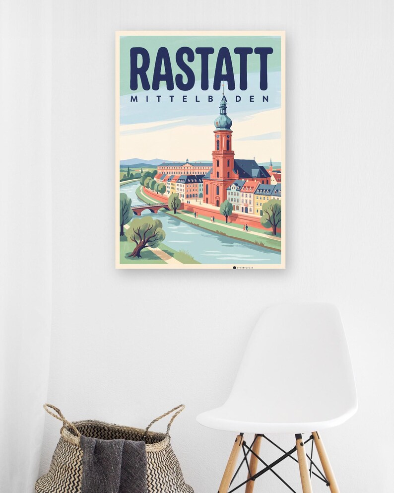 Rastatt Poster · Mid-Century · Mittelbaden · Retro Reiseplakat Schloss & Murg afbeelding 7