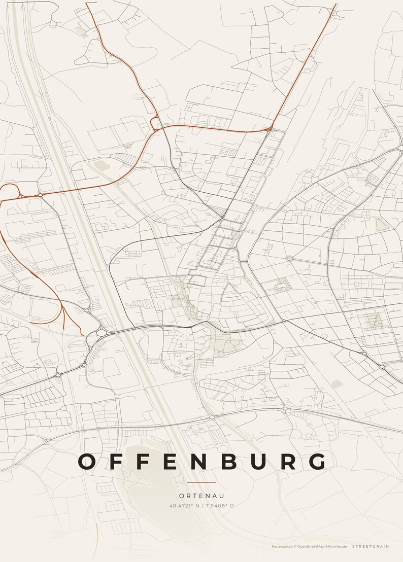 Offenburg City Map Poster · Ortenau · Map in 8 Color Schemes · City Map Wall Art Papier & Rost