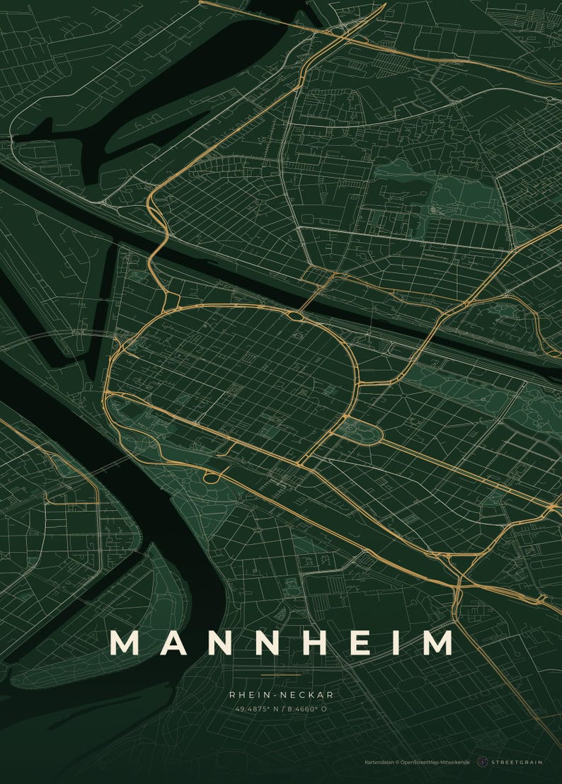 Mannheim Stadtplan Poster · Rhein-Neckar · Karte in 8 Farbwelten · Stadtkarte Wandbild Schwarzwald & Creme