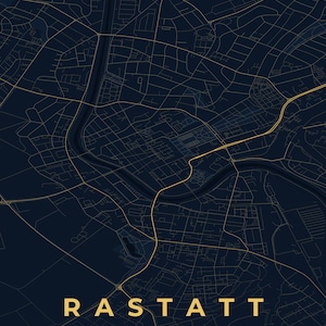 Rastatt Stadtplan Poster · Mittelbaden · Karte in 8 Farbwelten · Stadtkarte Wandbild Nachtblau & Gold