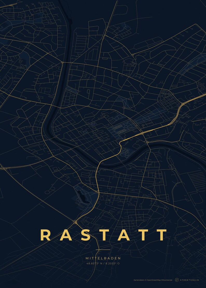 Rastatt Stadtplan Poster · Mittelbaden · Karte in 8 Farbwelten · Stadtkarte Wandbild Nachtblau & Gold