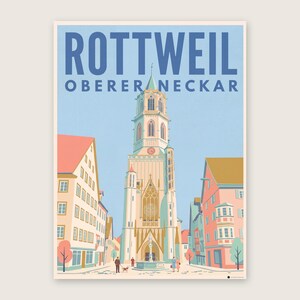 Rottweil Poster · Mid-Century · Oberer Neckar · Retro Reiseplakat Schwarzes Tor, Neckartal & Kapellenturm Kapellenturm