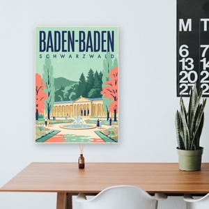 Baden-Baden Poster · Mid-Century · Schwarzwald · Retro Reiseplakat Trinkhalle & Stadt im Tal zdjęcie 7