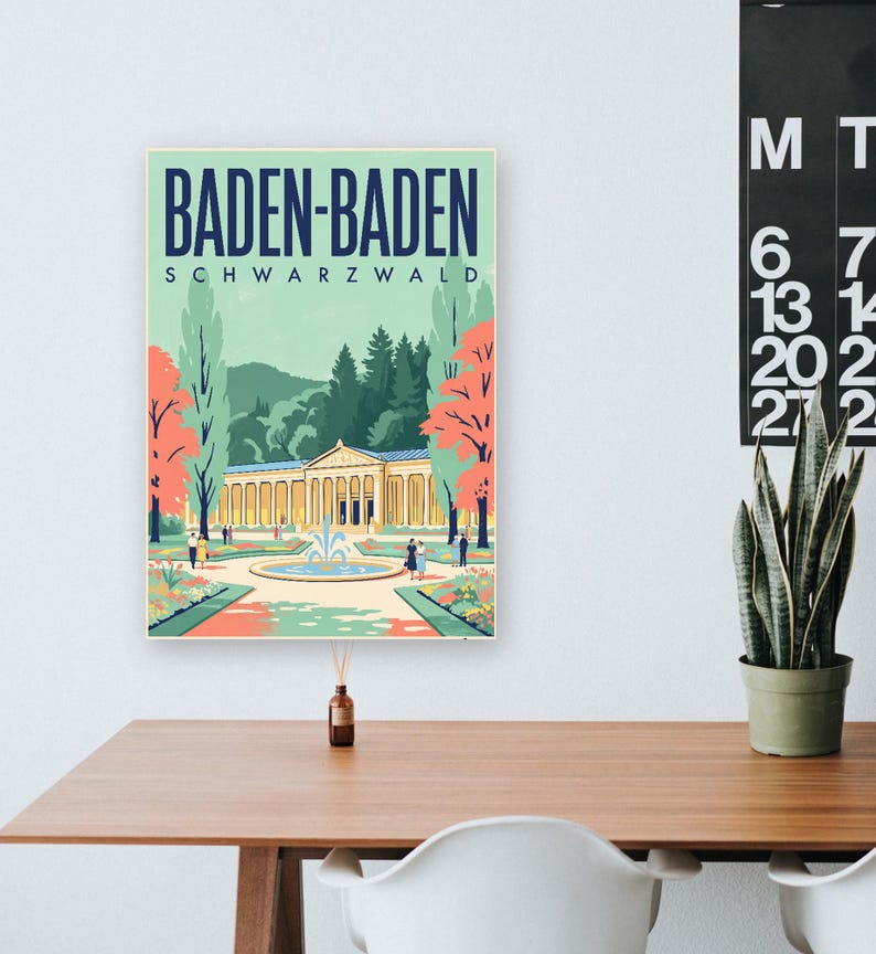Baden-Baden Poster · Mid-Century · Schwarzwald · Retro Reiseplakat Trinkhalle & Stadt im Tal zdjęcie 7