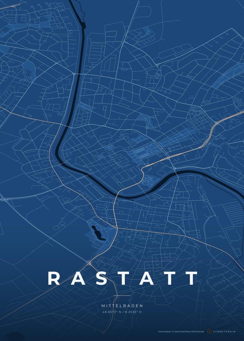 Rastatt Stadtplan Poster · Mittelbaden · Karte in 8 Farbwelten · Stadtkarte Wandbild Tiefblau & Eis
