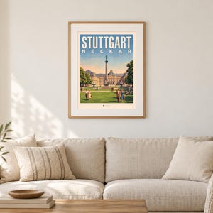 Stuttgart Poster · Malerisch · Neckar · Retro Reiseplakat Schlossplatz, Fernsehturm, Grabkapelle & Schillerplatz image 1