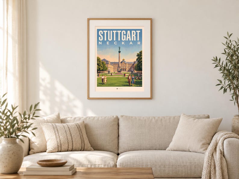 Stuttgart Poster · Malerisch · Neckar · Retro Reiseplakat Schlossplatz, Fernsehturm, Grabkapelle & Schillerplatz image 1