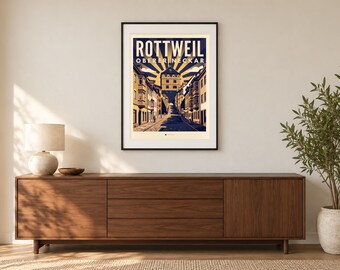 Rottweil Poster · Art déco · Oberer Neckar · Retro Reiseplakat Schwarzes Tor, Neckartal & Kapellenturm