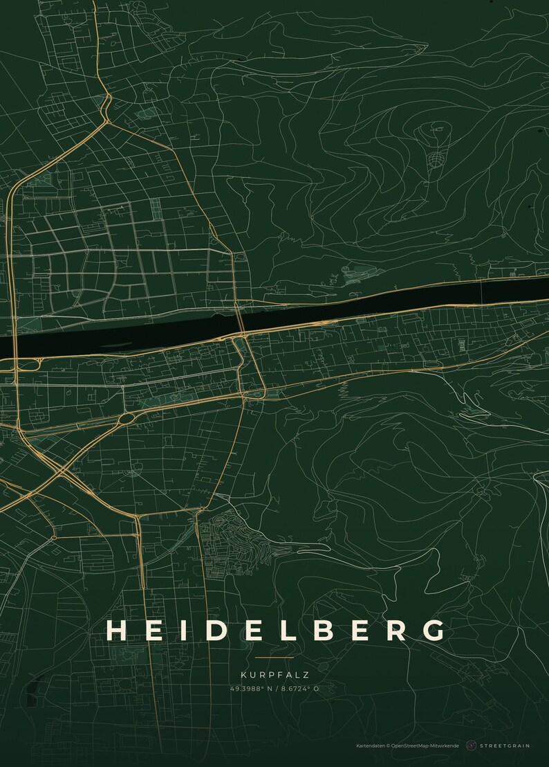 Affiche de la carte de la ville d'Heidelberg · Kurpfalz · Carte déclinée en 8 couleurs · Décoration murale de carte de la ville Schwarzwald & Creme