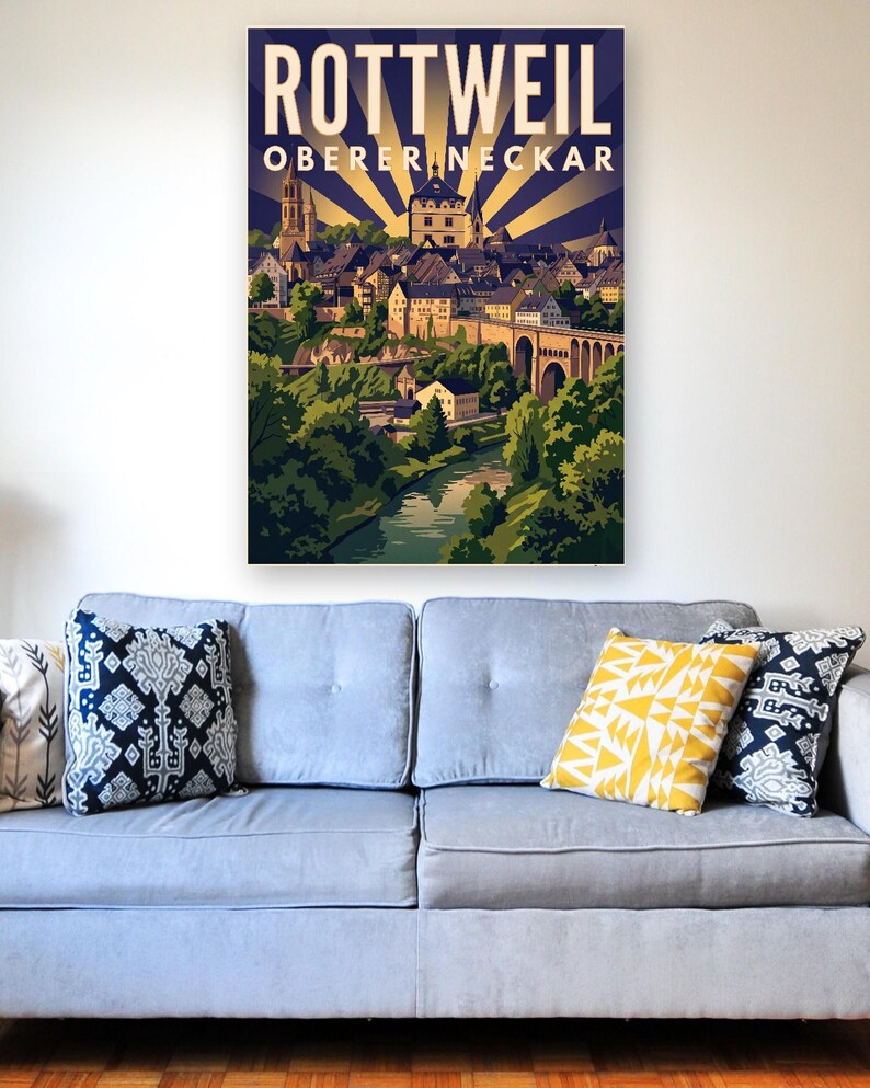 Rottweil Poster · Art déco · Oberer Neckar · Retro Reiseplakat Schwarzes Tor, Neckartal & Kapellenturm imagen 6