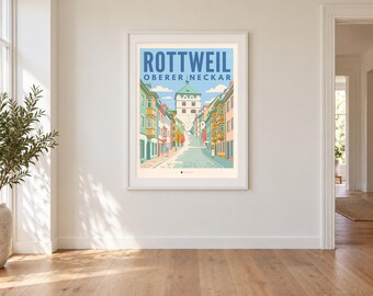 Rottweil Poster · Mid-Century · Oberer Neckar · Retro Reiseplakat Schwarzes Tor, Neckartal & Kapellenturm