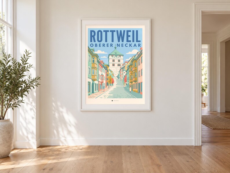 Rottweil Poster · Mid-Century · Oberer Neckar · Retro Reiseplakat Schwarzes Tor, Neckartal & Kapellenturm imagen 1