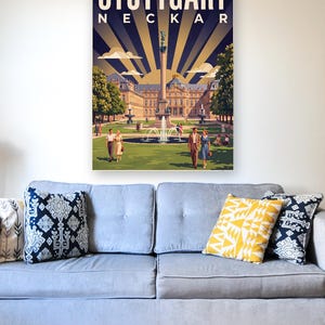 Stuttgart Poster · Art déco · Neckar · Retro Reiseplakat Schlossplatz, Fernsehturm, Grabkapelle & Schillerplatz Bild 6