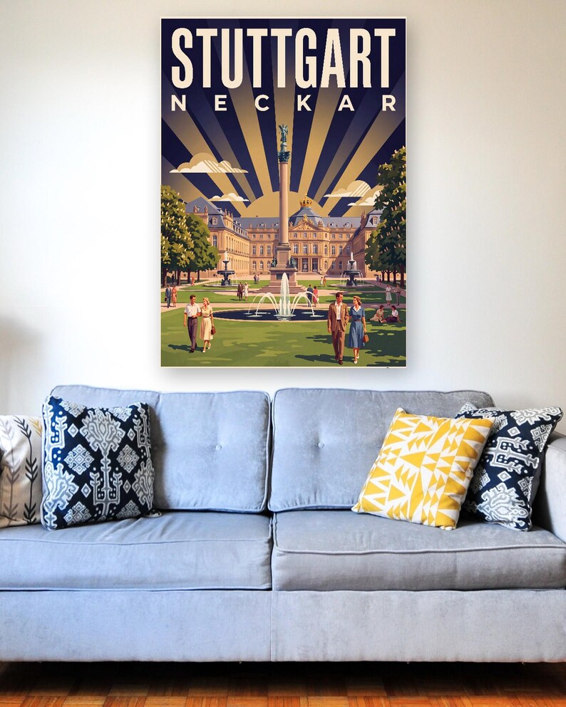 Stuttgart Poster · Art déco · Neckar · Retro Reiseplakat Schlossplatz, Fernsehturm, Grabkapelle & Schillerplatz Bild 6