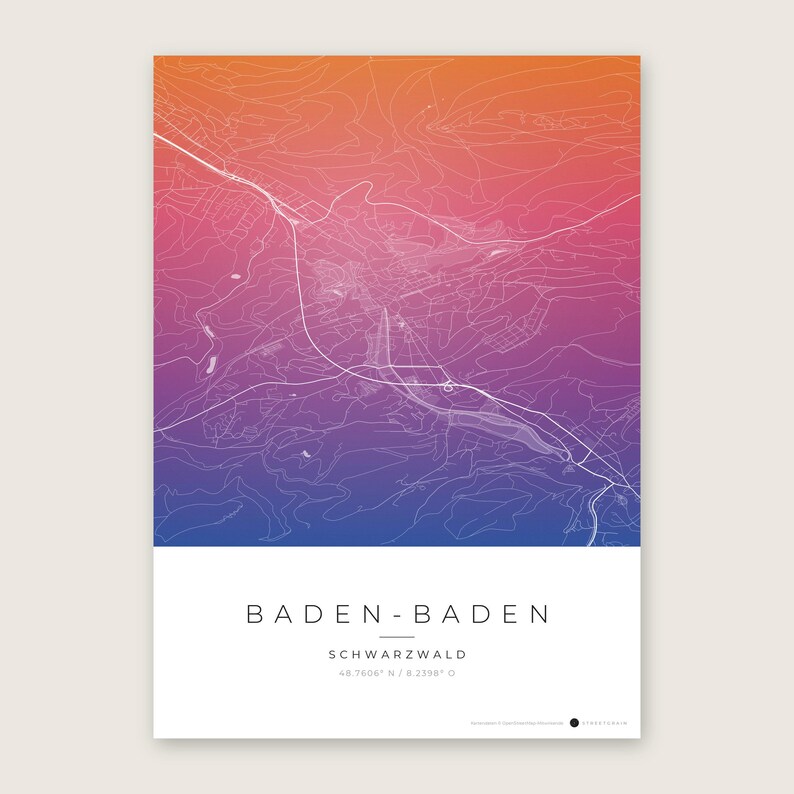 Baden-Baden Stadtplan Poster · Schwarzwald · Karte in 8 Farbwelten · Stadtkarte Wandbild Aquarell Gradient