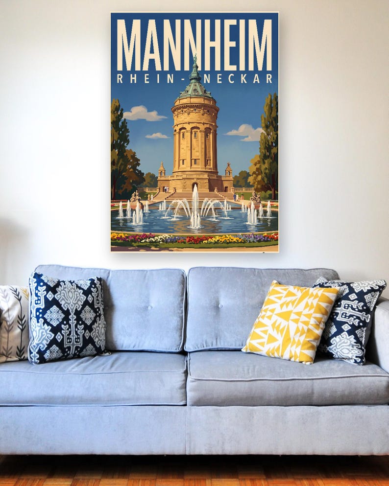 Mannheim Poster · Malerisch · Rhein-Neckar · Retro Reiseplakat Wasserturm & Schloss Bild 4