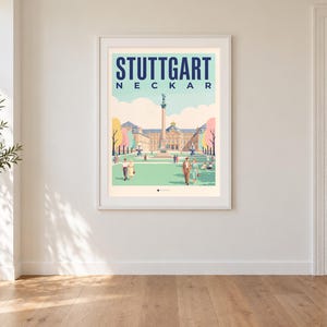 Stuttgart Poster · Mid-Century · Neckar · Retro Reiseplakat Schlossplatz, Fernsehturm, Grabkapelle & Schillerplatz Bild 1