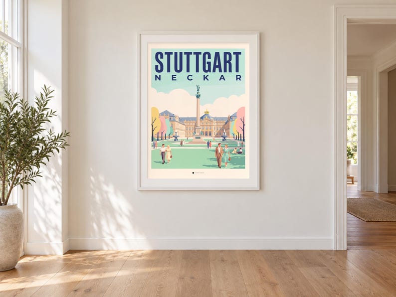 Stuttgart Poster · Mid-Century · Neckar · Retro Reiseplakat Schlossplatz, Fernsehturm, Grabkapelle & Schillerplatz Bild 1