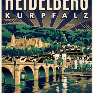 Heidelberg Poster · Art déco · Kurpfalz · Retro Reiseplakat Alte Brücke & Schloss Alte Brücke