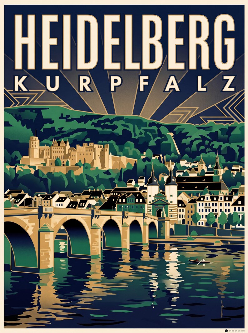 Heidelberg Poster · Art déco · Kurpfalz · Retro Reiseplakat Alte Brücke & Schloss Alte Brücke