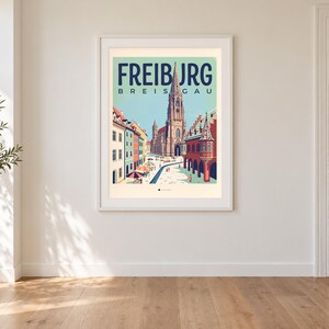 Freiburg Poster · Mid-Century · Breisgau · Retro Reiseplakat Münsterplatz & Schlossberg image 1