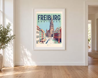 Freiburg Poster · Mid-Century · Breisgau · Retro Reiseplakat Münsterplatz & Schlossberg
