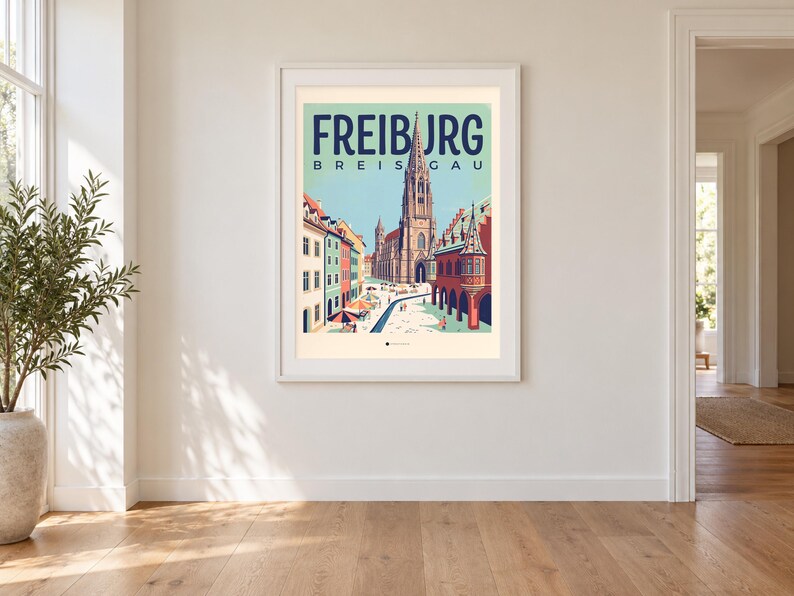 Freiburg Poster · Mid-Century · Breisgau · Retro Reiseplakat Münsterplatz & Schlossberg image 1