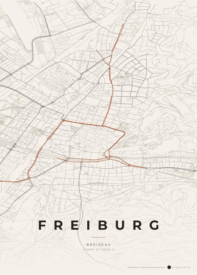 Carte de la ville de Fribourg-en-Brisgau · Carte déclinée en 8 couleurs · Décoration murale carte de ville Papier & Rost