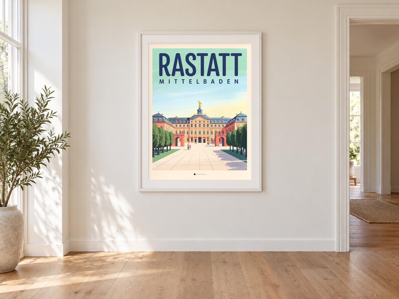 Rastatt Poster · Mid-Century · Mittelbaden · Retro Reiseplakat Schloss & Murg afbeelding 1