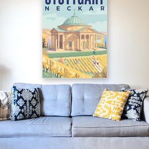 Stuttgart Poster · Mid-Century · Neckar · Retro Reiseplakat Schlossplatz, Fernsehturm, Grabkapelle & Schillerplatz Bild 8