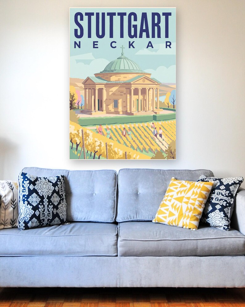 Stuttgart Poster · Mid-Century · Neckar · Retro Reiseplakat Schlossplatz, Fernsehturm, Grabkapelle & Schillerplatz Bild 8