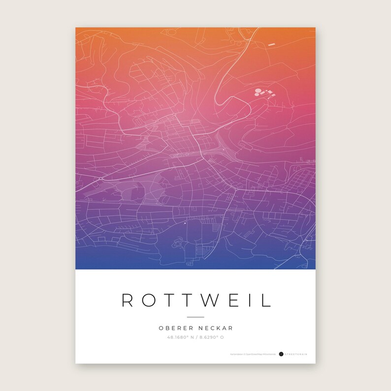 Rottweil Stadtplan Poster · Oberer Neckar · Karte in 8 Farbwelten · Stadtkarte Wandbild Aquarell Gradient