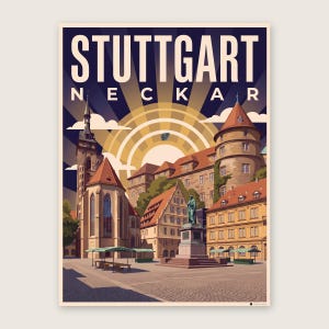 Stuttgart Poster · Art déco · Neckar · Retro Reiseplakat Schlossplatz, Fernsehturm, Grabkapelle & Schillerplatz Schillerplatz