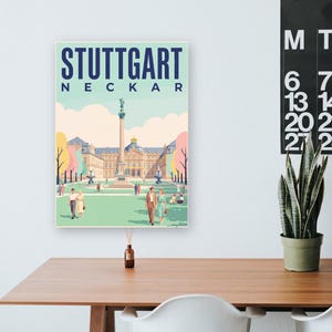 Stuttgart Poster · Mid-Century · Neckar · Retro Reiseplakat Schlossplatz, Fernsehturm, Grabkapelle & Schillerplatz Bild 14