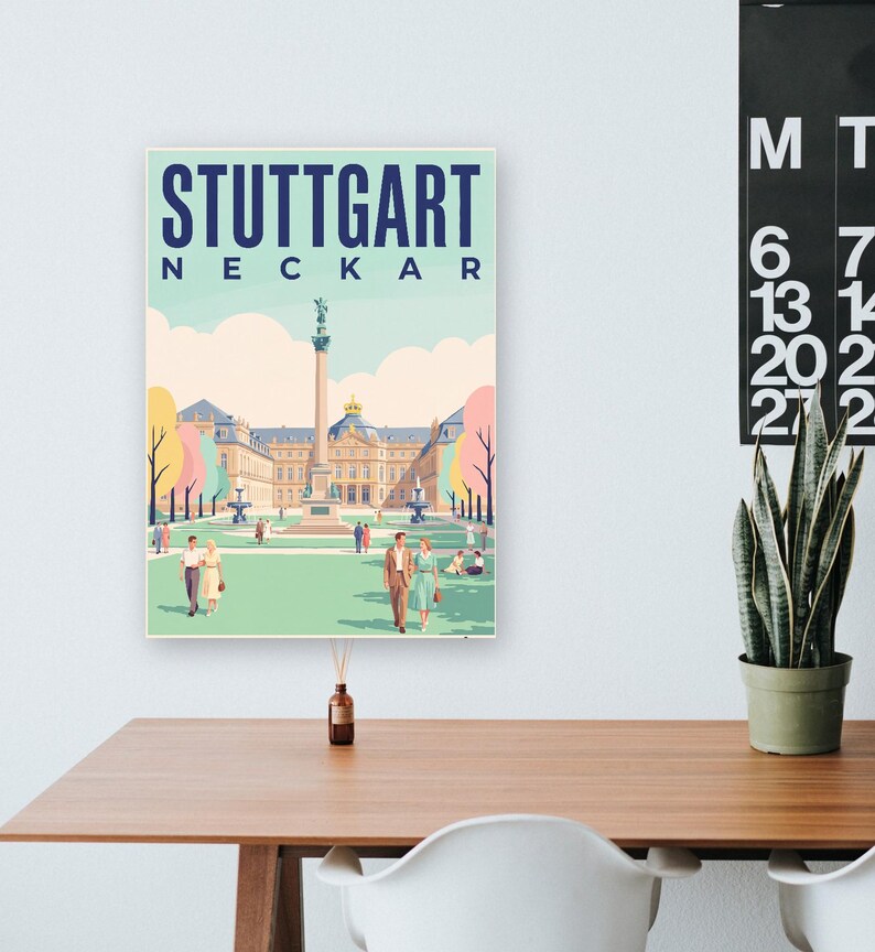 Stuttgart Poster · Mid-Century · Neckar · Retro Reiseplakat Schlossplatz, Fernsehturm, Grabkapelle & Schillerplatz Bild 14