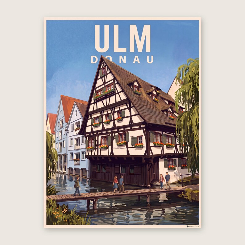 Ulm Poster · Malerisch · Donau · Retro Reiseplakat Münster, Schiefes Haus & Donau Schiefes Haus
