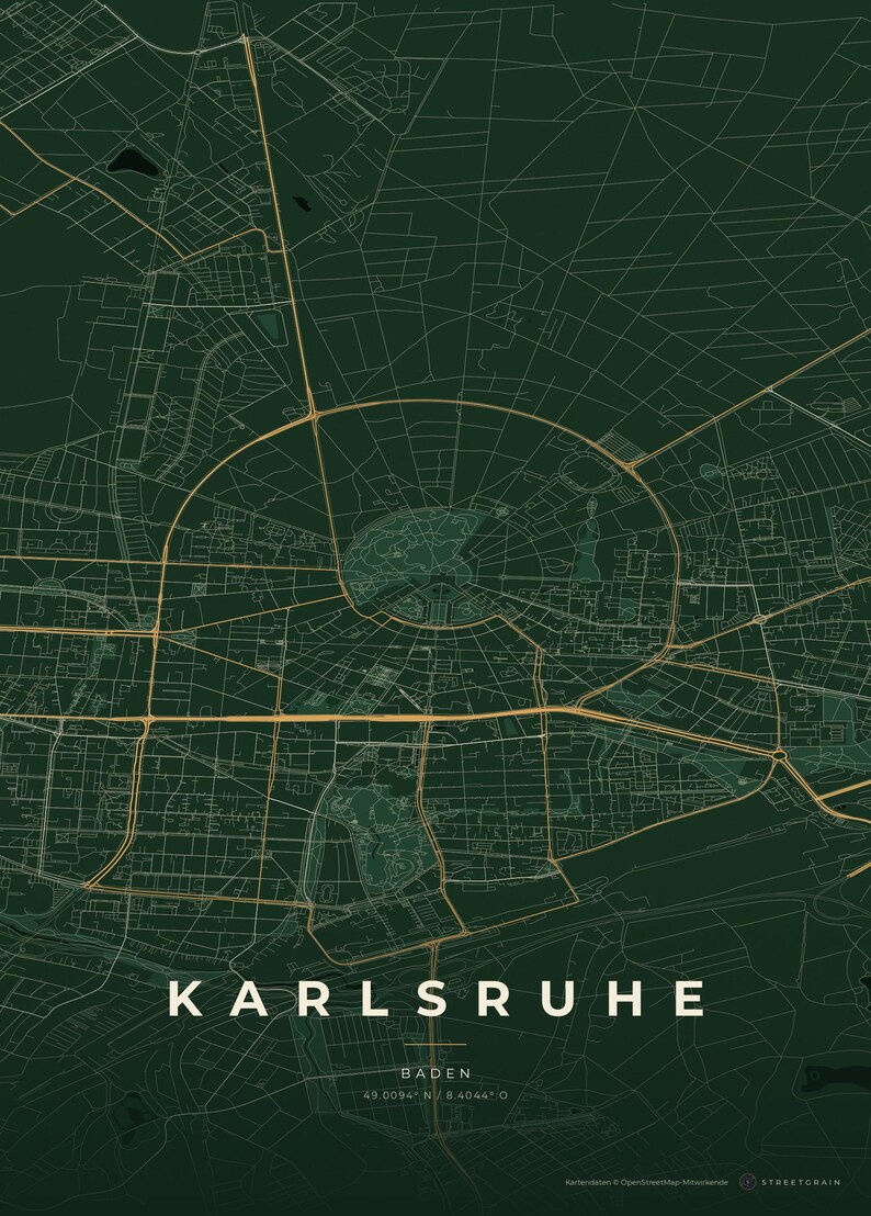 Póster del mapa de la ciudad de Karlsruhe · Baden · Mapa en 8 combinaciones de colores · Arte mural de mapas de ciudades Schwarzwald & Creme