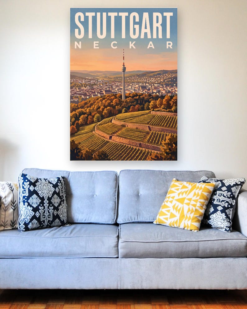 Stuttgart Poster · Malerisch · Neckar · Retro Reiseplakat Schlossplatz, Fernsehturm, Grabkapelle & Schillerplatz image 7