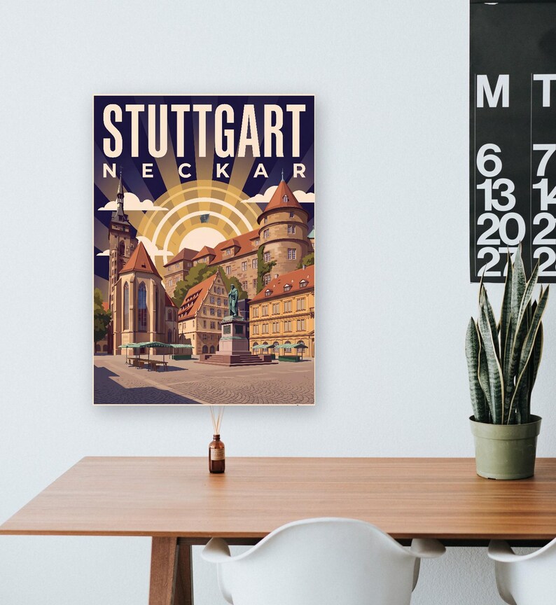 Stuttgart Poster · Art déco · Neckar · Retro Reiseplakat Schlossplatz, Fernsehturm, Grabkapelle & Schillerplatz Bild 17