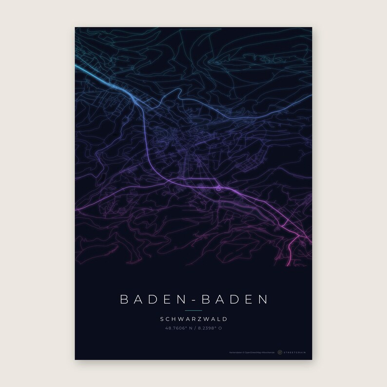 Baden-Baden Stadtplan Poster · Schwarzwald · Karte in 8 Farbwelten · Stadtkarte Wandbild Neon Nights