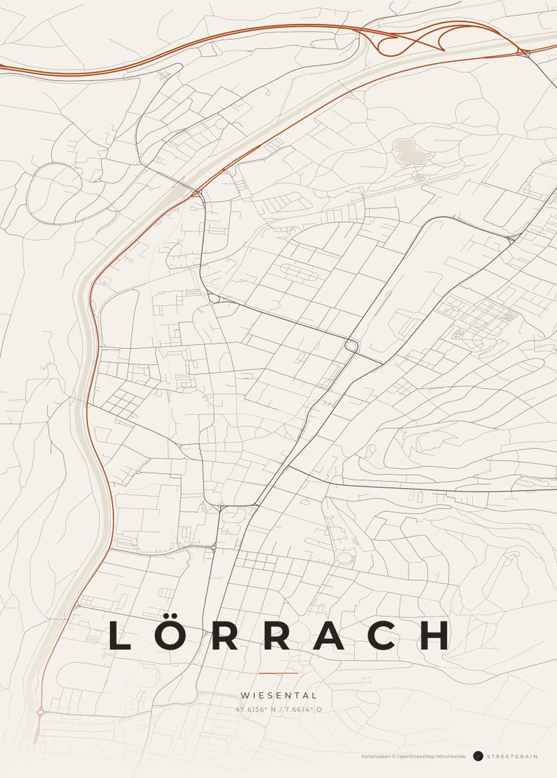 Lörrach City Map Poster · Wiesental · Map in 8 Color Schemes · City Map Wall Mural Papier & Rost