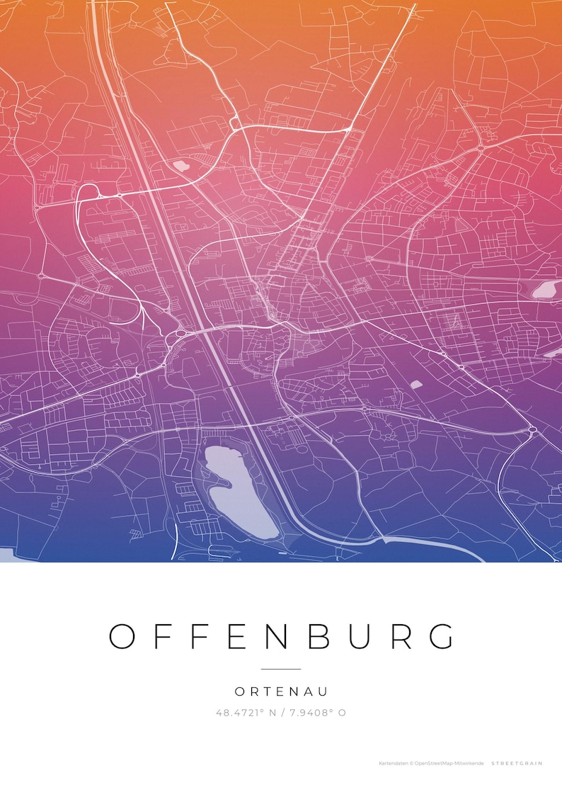 Offenburg City Map Poster · Ortenau · Map in 8 Color Schemes · City Map Wall Art Aquarell Gradient