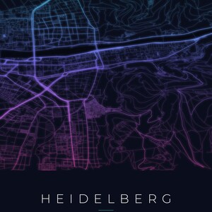 Affiche de la carte de la ville d'Heidelberg · Kurpfalz · Carte déclinée en 8 couleurs · Décoration murale de carte de la ville Neon Nights