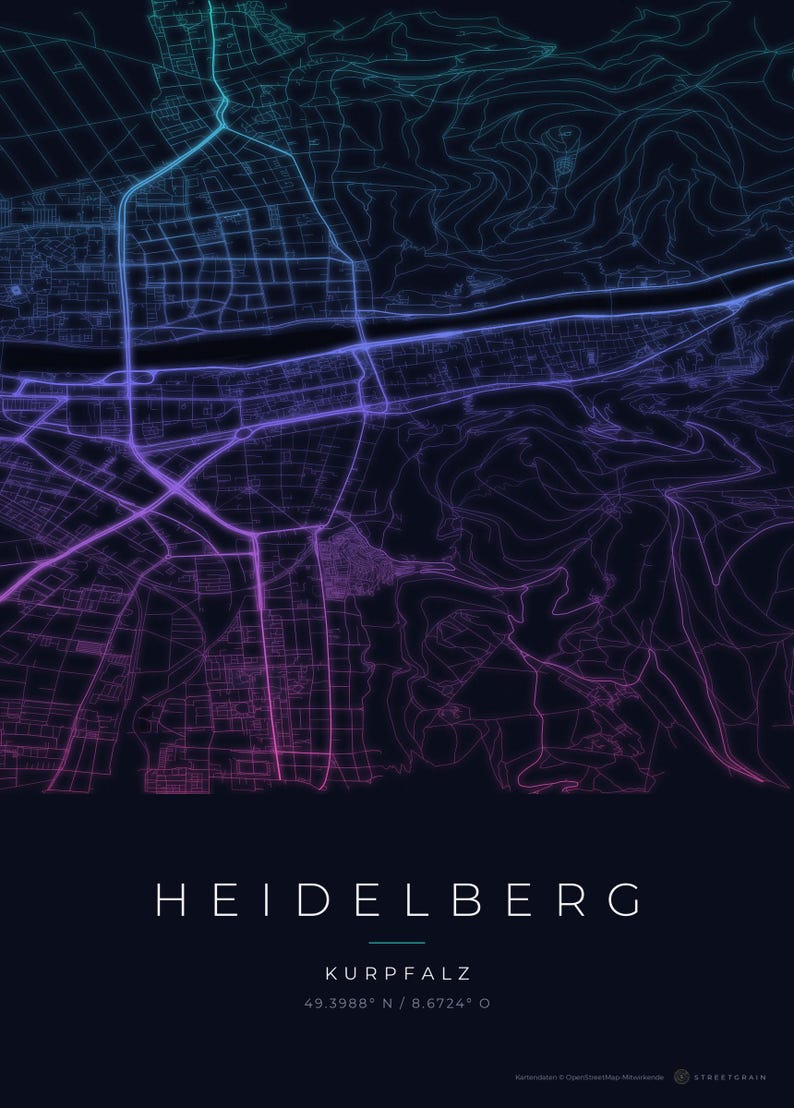 Affiche de la carte de la ville d'Heidelberg · Kurpfalz · Carte déclinée en 8 couleurs · Décoration murale de carte de la ville Neon Nights
